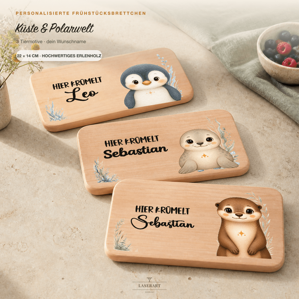 Personalisierte Frühstücksbrettchen Küste & Polarwelt aus Erlenholz mit Pinguin, Robbe und Otter, Name graviert