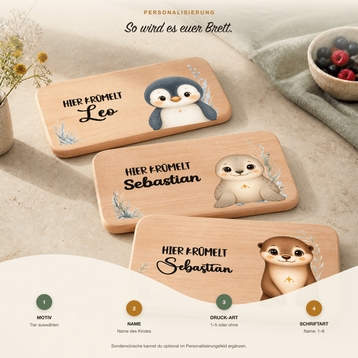 Personalisierung in vier Schritten: Motiv, Name, Druckart und Schriftart wählen