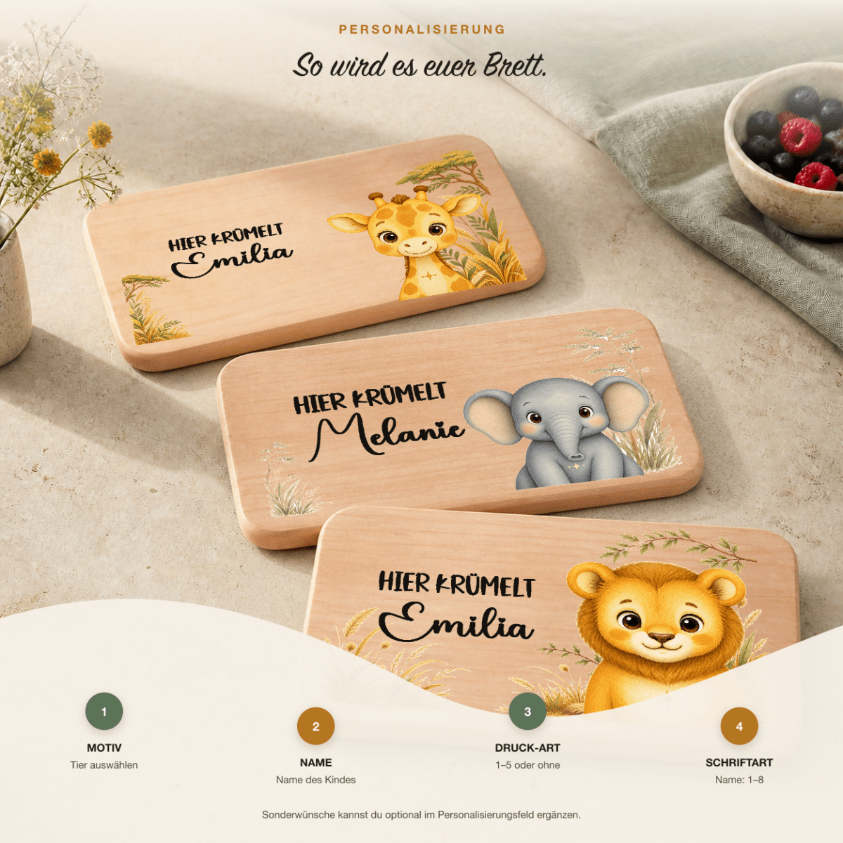 Personalisiertes Frühstücksbrettchen Safari & Savanne mit Name des Kindes und Hier-Krümelt-Schriftzug