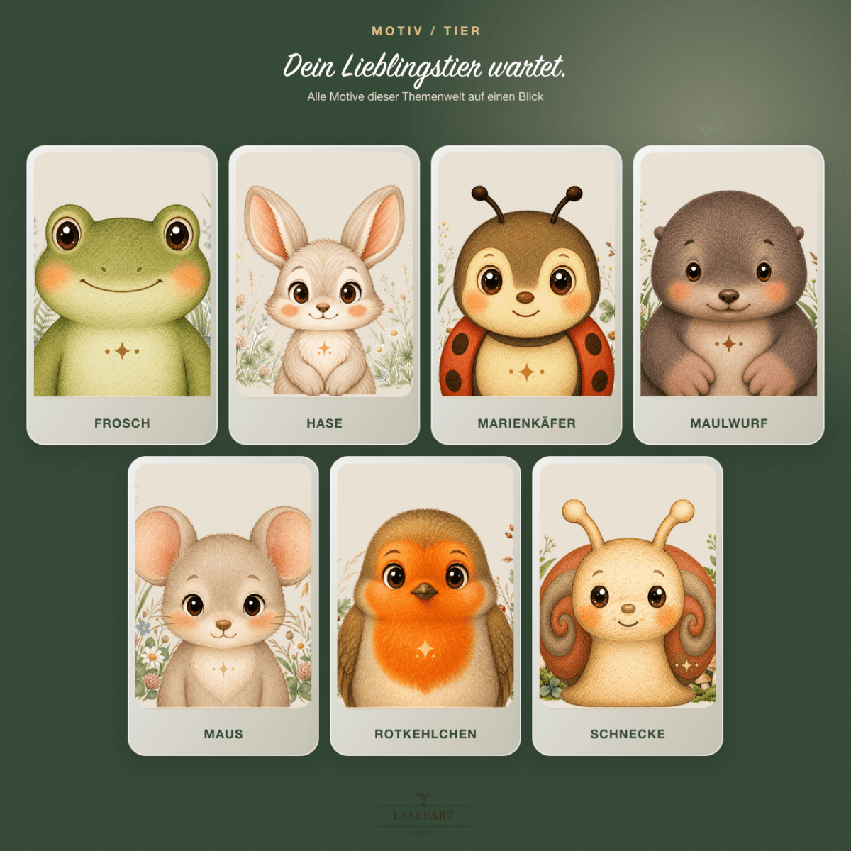 Sieben Tiermotive der Themenwelt Wiese & Garten: Frosch, Hase, Marienkäfer, Maulwurf, Maus, Rotkehlchen, Schnecke