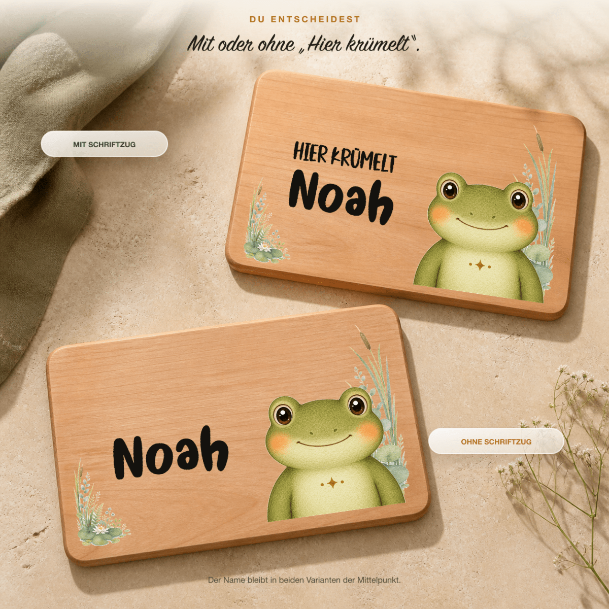 Frühstücksbrettchen mit und ohne Hier-Krümelt-Schriftzug im Vergleich, Motiv Frosch