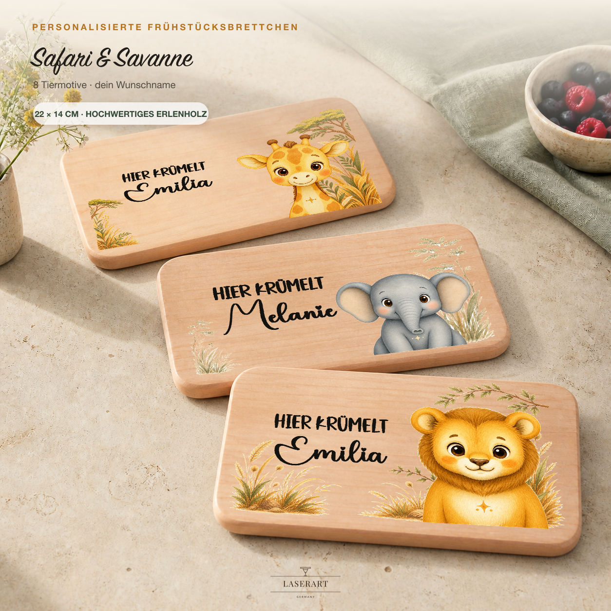 Personalisiertes Frühstücksbrettchen Safari & Savanne aus Erlenholz, Name graviert