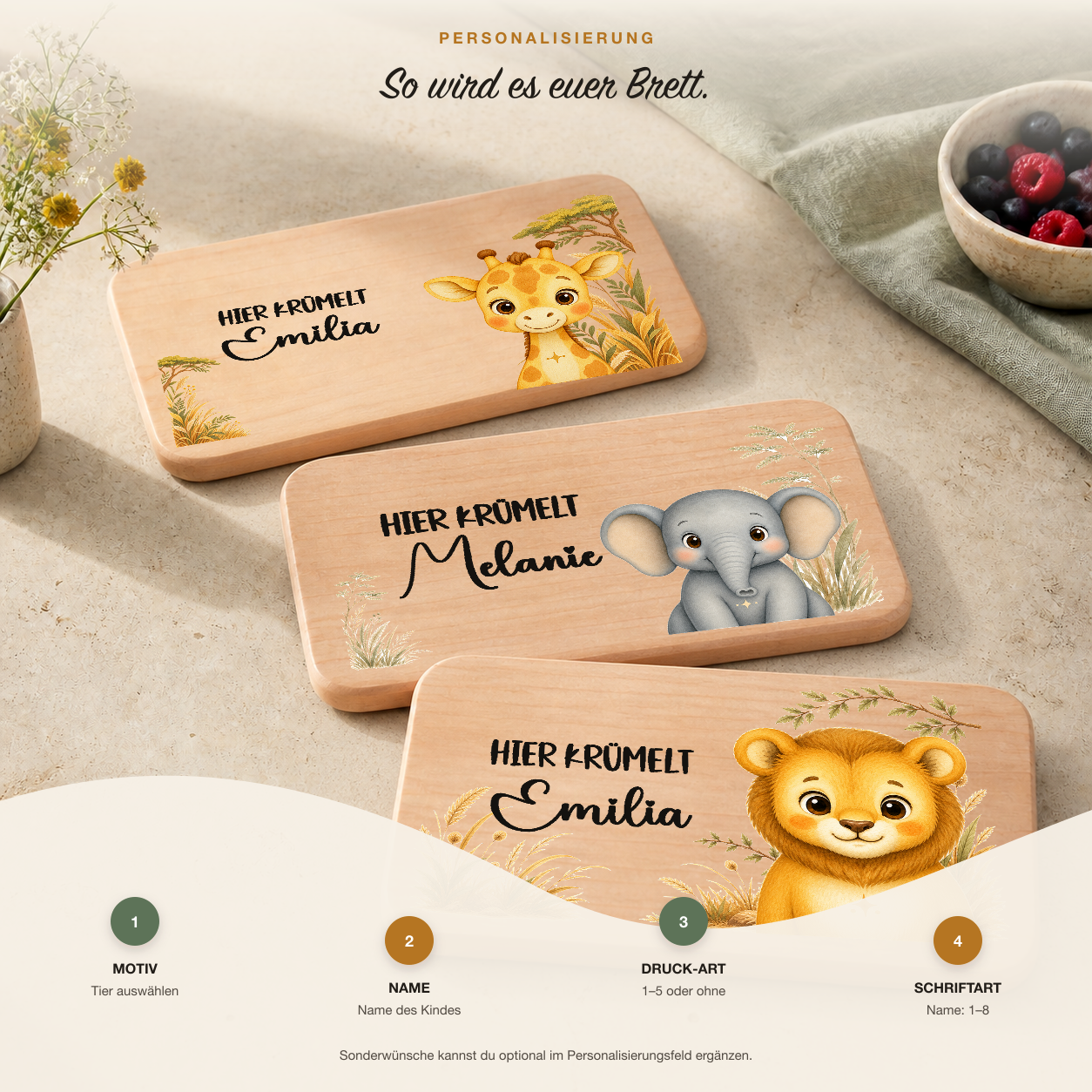 Personalisiertes Frühstücksbrettchen Safari & Savanne mit Name des Kindes und Hier-Krümelt-Schriftzug