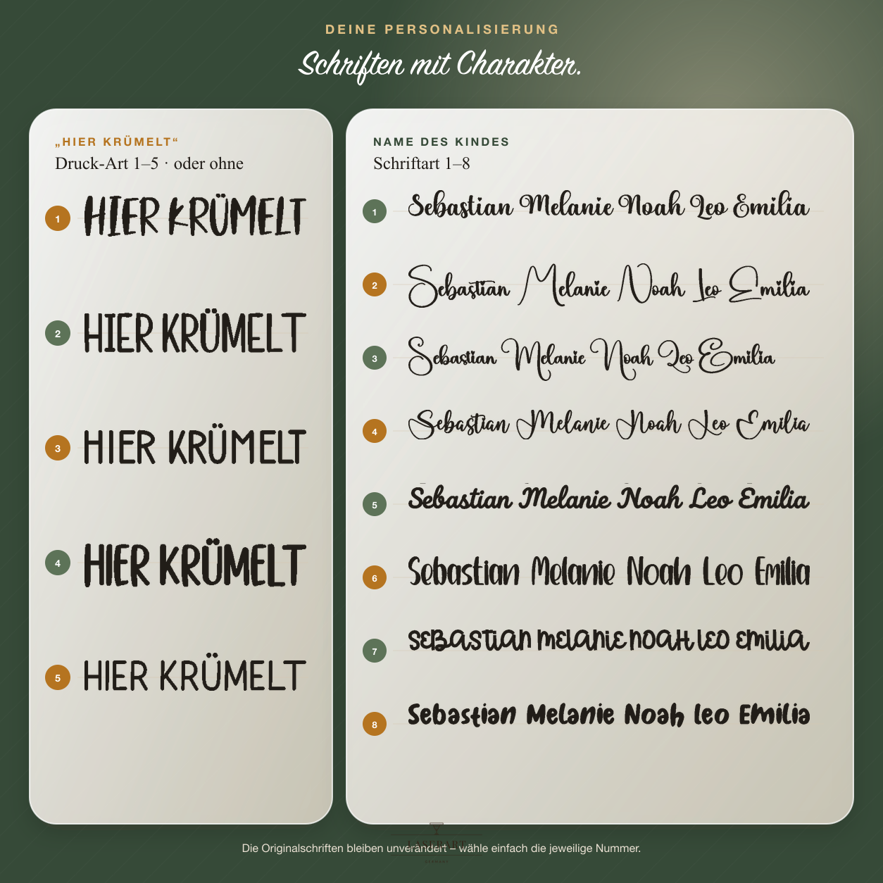 Schriftartenauswahl für Hier-Krümelt-Schriftzug und Kindername auf dem Frühstücksbrettchen