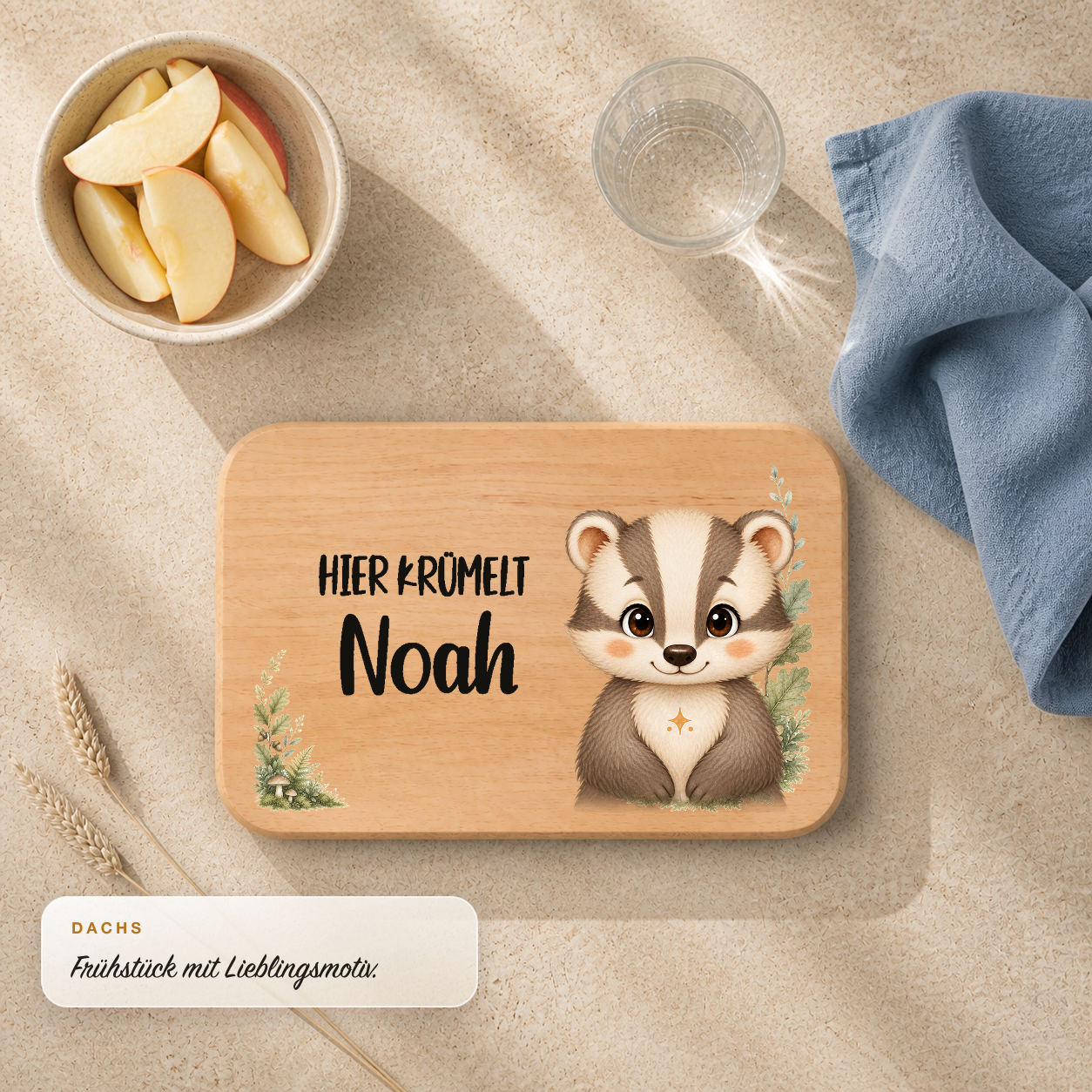 Frühstücksbrettchen Waldtiere mit Dachs-Motiv und personalisiertem Namen