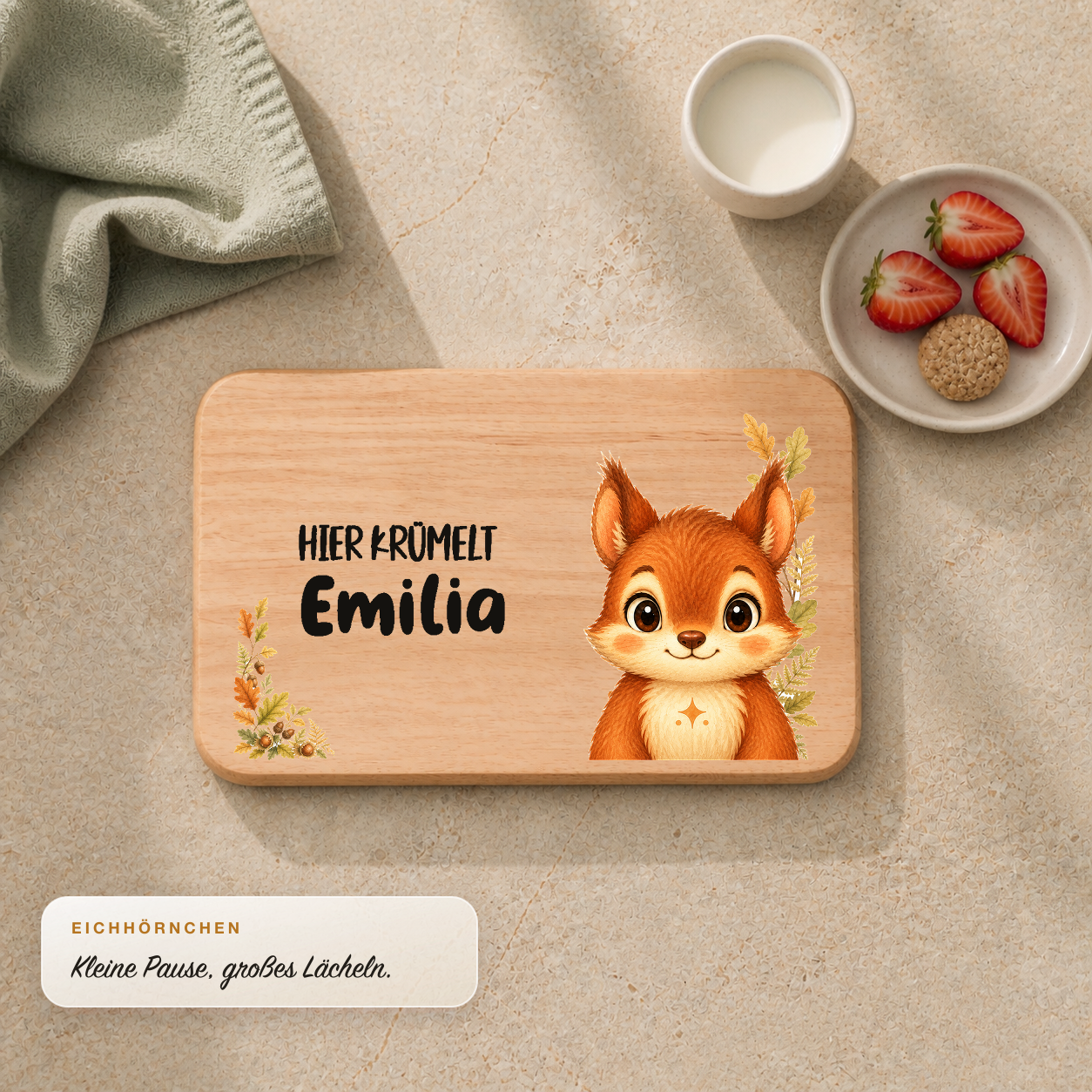 Frühstücksbrettchen Waldtiere mit Eichhörnchen-Motiv und personalisiertem Namen