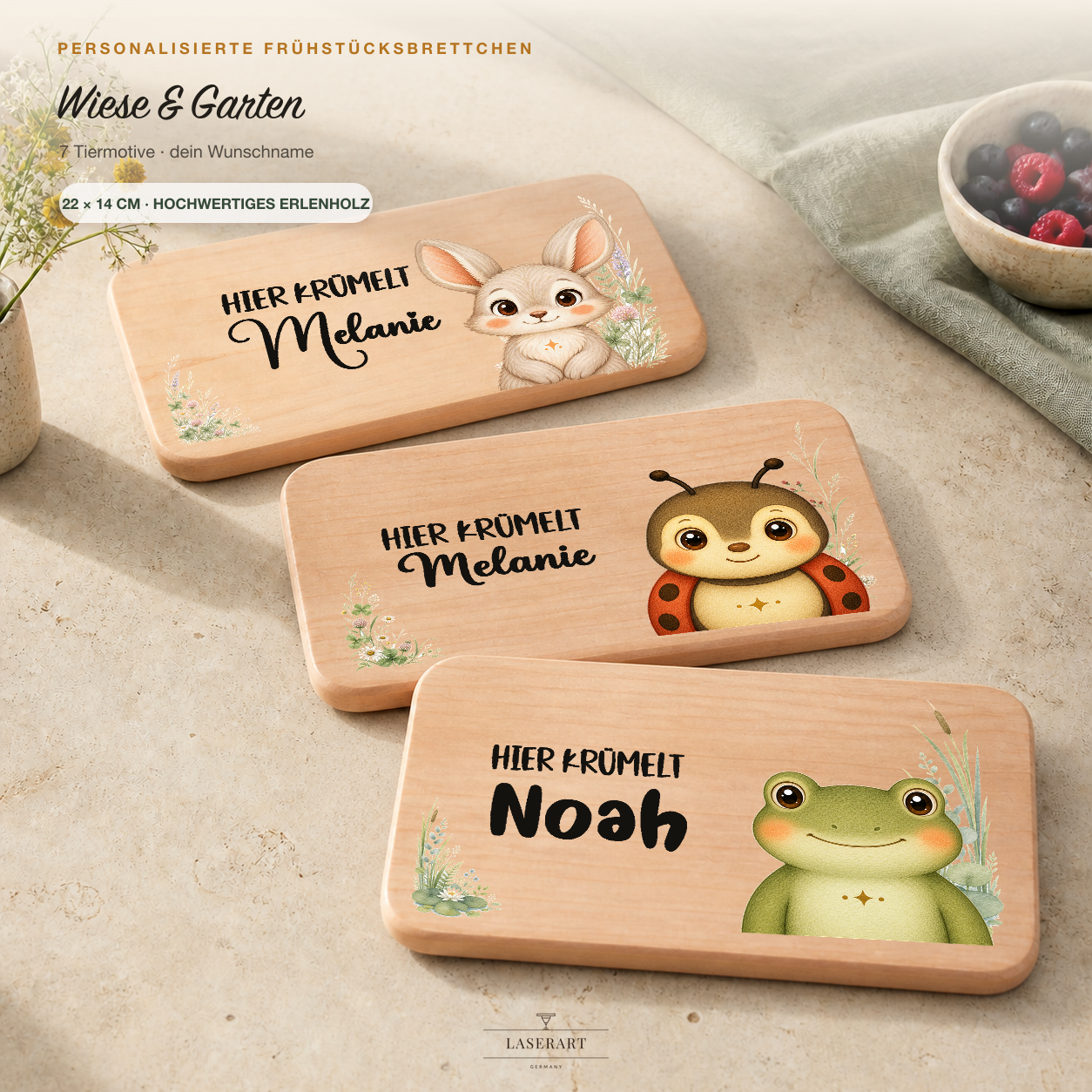 Personalisiertes Frühstücksbrettchen Wiese & Garten aus Erlenholz mit Hase, Marienkäfer und Frosch, Name graviert