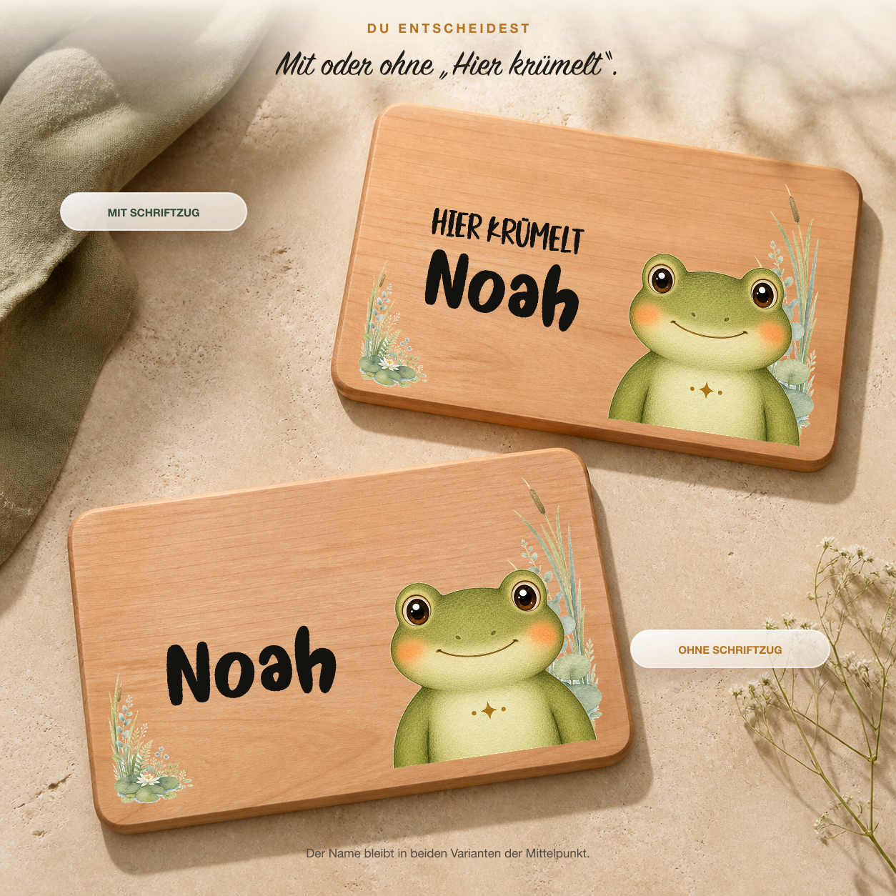 Frühstücksbrettchen mit und ohne Hier-Krümelt-Schriftzug im Vergleich, Motiv Frosch