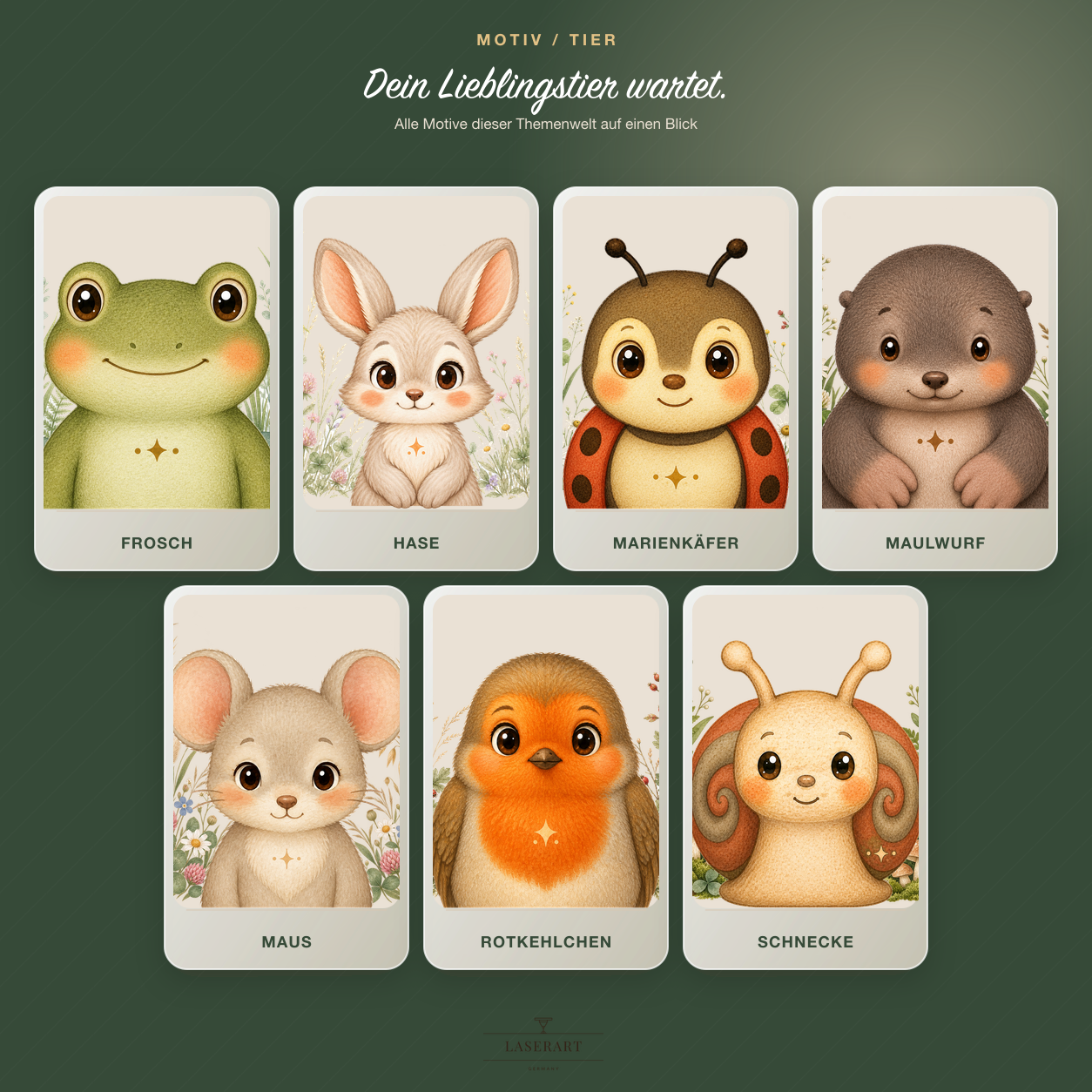 Sieben Tiermotive der Themenwelt Wiese & Garten: Frosch, Hase, Marienkäfer, Maulwurf, Maus, Rotkehlchen, Schnecke