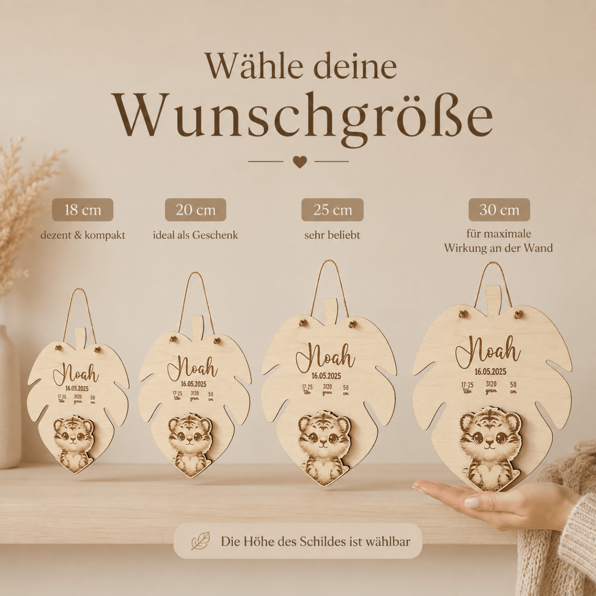 Geburtsschild 3D Tiermotiv aus Holz personalisiert – Aufhängeoption im Detail