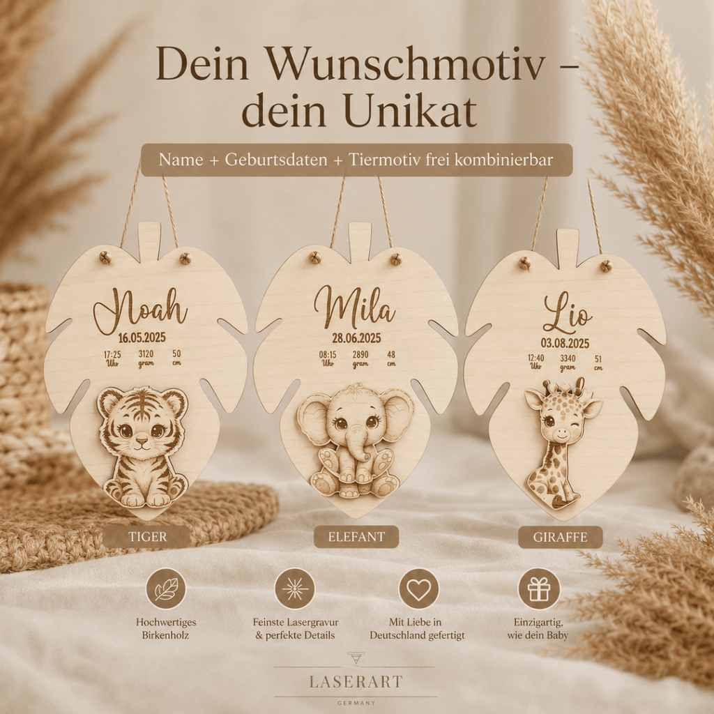 Geburtsschild 3D Tiermotiv aus Holz | personalisiert - LaserArt Germany