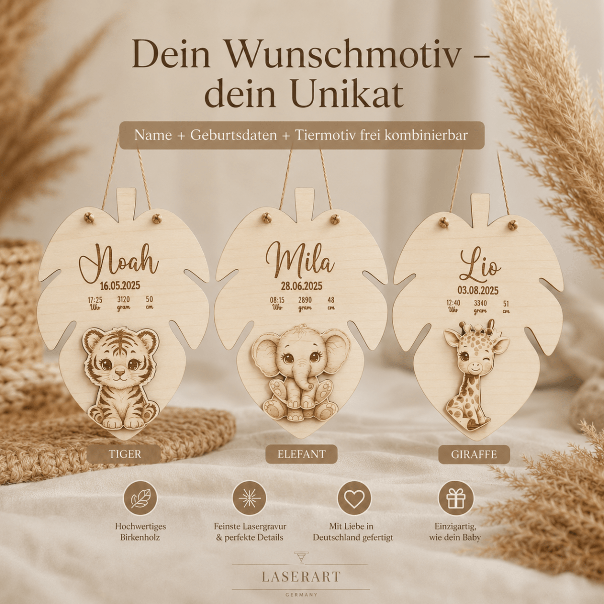Geburtsschild 3D Tiermotiv aus Holz personalisiert – In der Geschenkverpackung