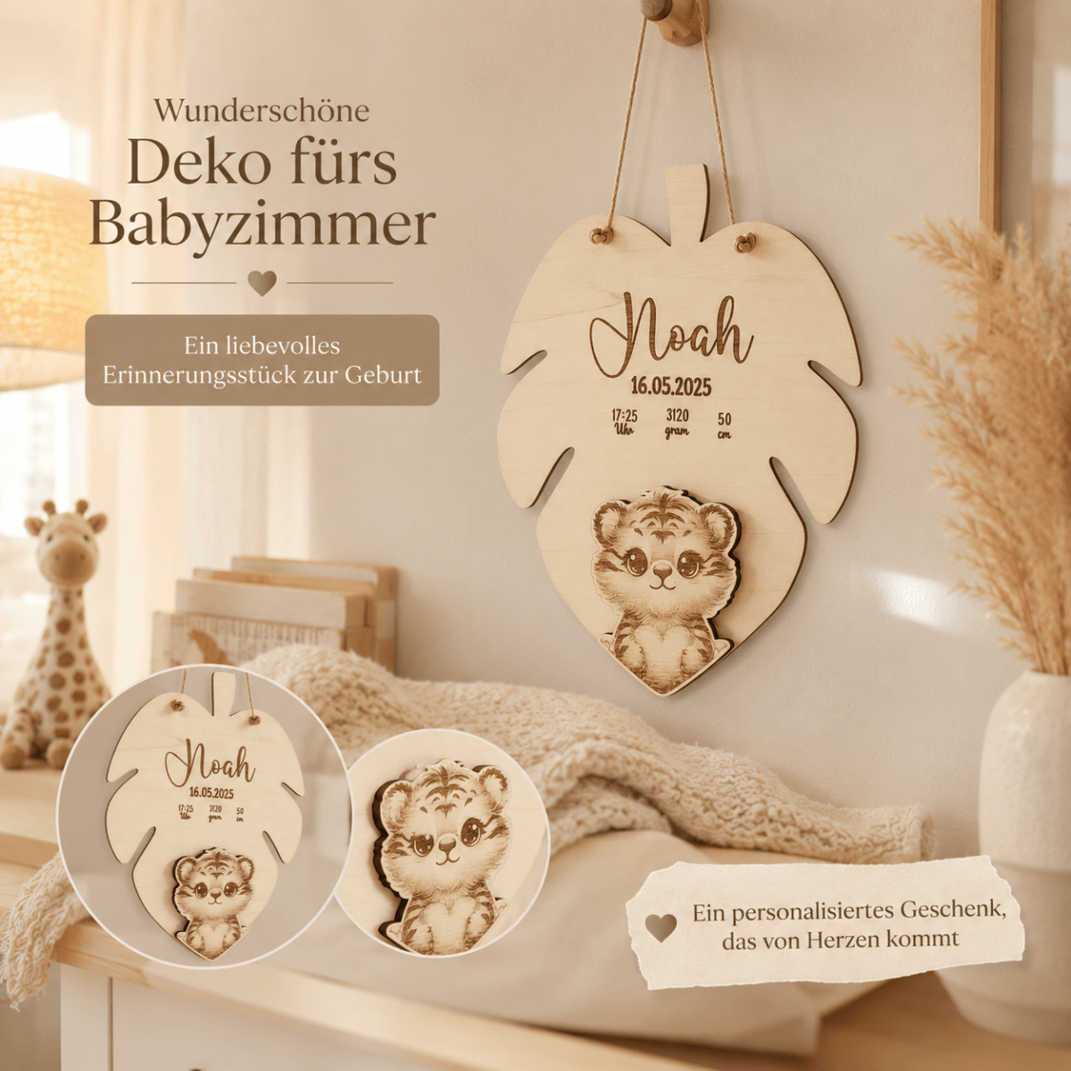 Geburtsschild 3D Tiermotiv aus Holz personalisiert – Nahaufnahme des 3D-Tiermotivs