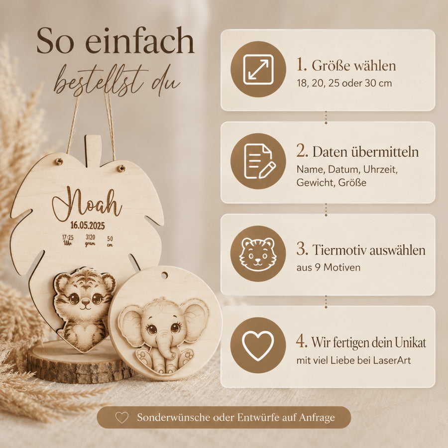 Geburtsschild 3D Tiermotiv aus Holz | personalisiert - LaserArt Germany