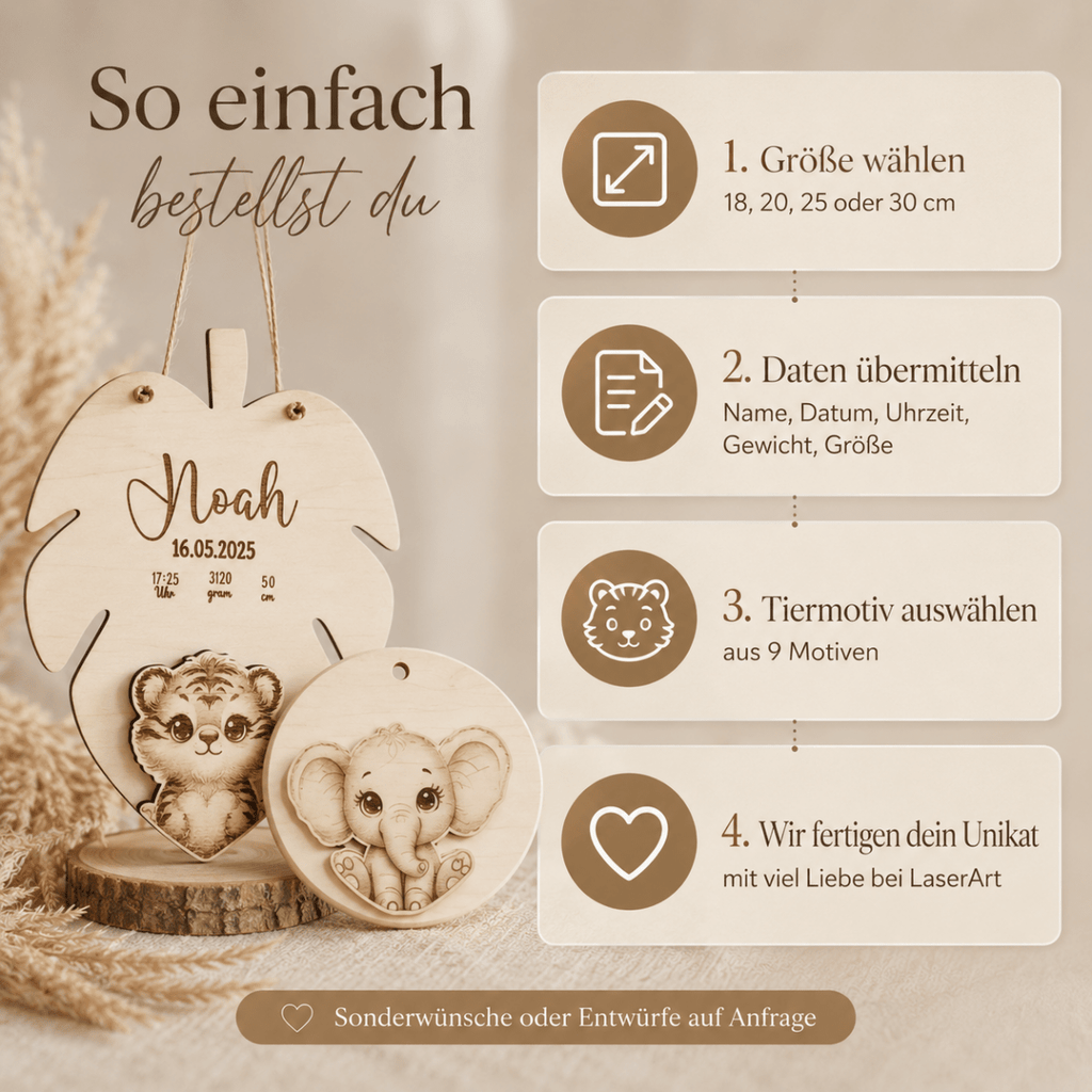 Geburtsschild 3D Tiermotiv aus Holz | personalisiert - LaserArt Germany