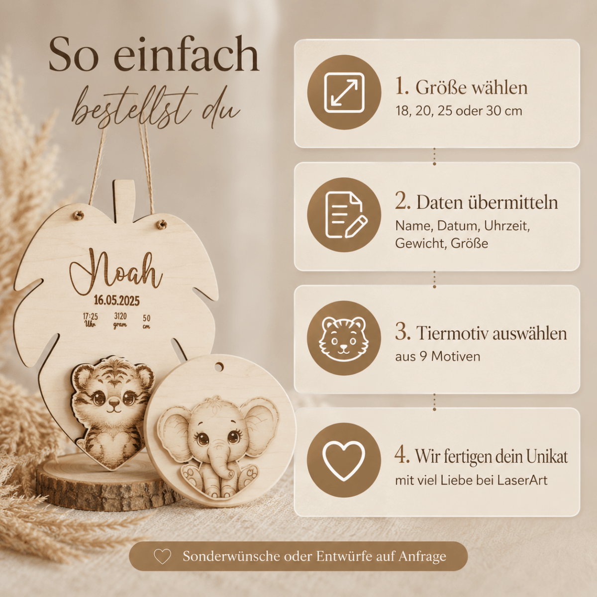 Geburtsschild 3D Tiermotiv aus Holz personalisiert – Rückseite des Schilds