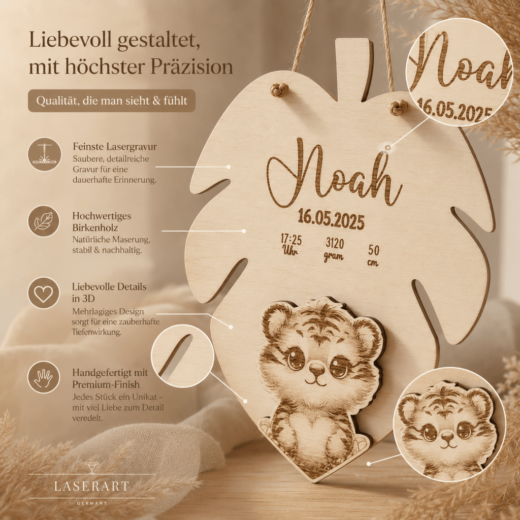 Geburtsschild 3D Tiermotiv aus Holz | personalisiert - LaserArt Germany