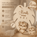 Geburtsschild 3D Tiermotiv aus Holz personalisiert – Detailaufnahme der Kante
