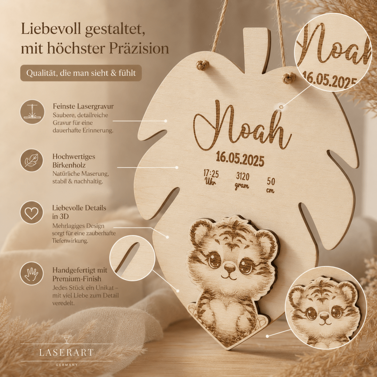 Geburtsschild 3D Tiermotiv aus Holz personalisiert – Detailaufnahme der Kante