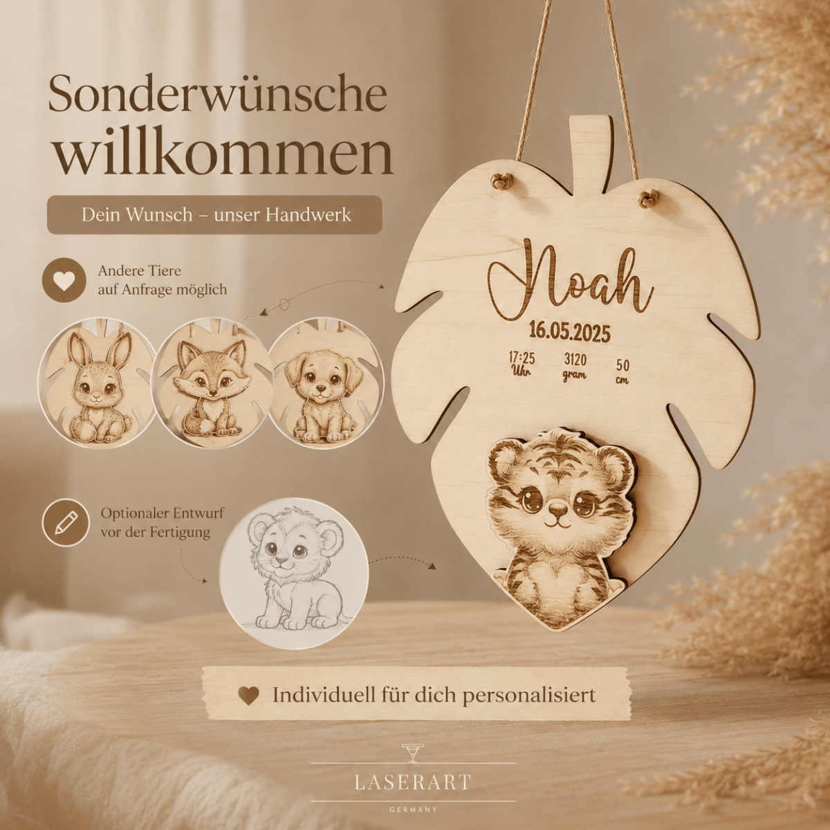 Geburtsschild 3D Tiermotiv aus Holz personalisiert – Größenvergleich in der Hand