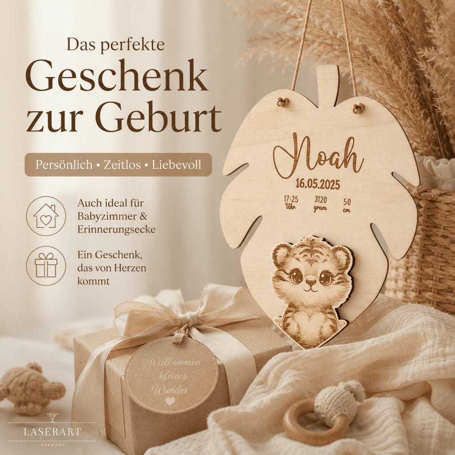 Geburtsschild 3D Tiermotiv aus Holz | personalisiert - LaserArt Germany