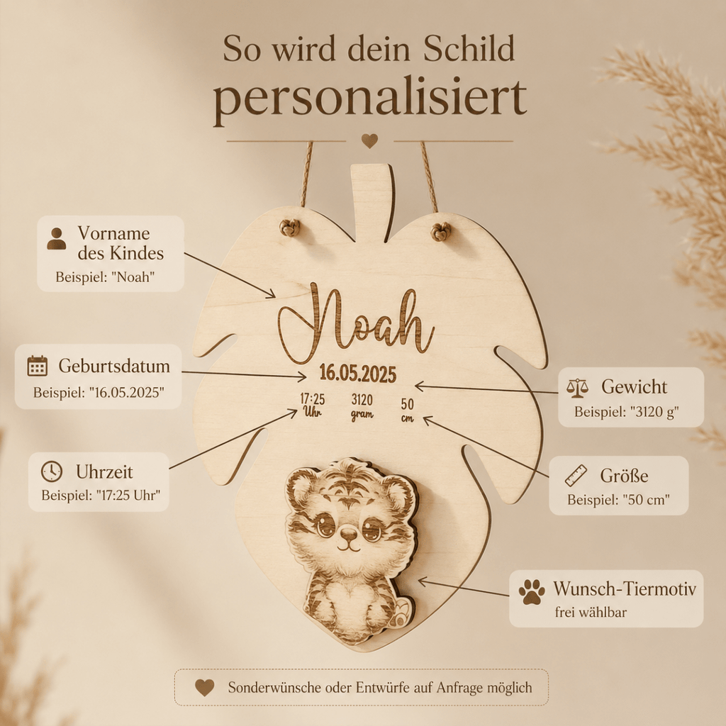 Geburtsschild 3D Tiermotiv aus Holz | personalisiert - LaserArt Germany