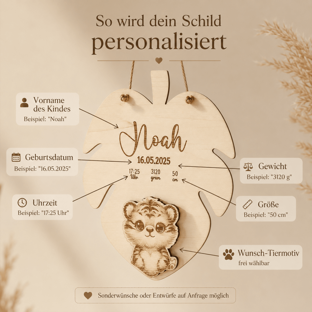 Geburtsschild 3D Tiermotiv aus Holz personalisiert – Anwendungsbeispiel als Wanddeko
