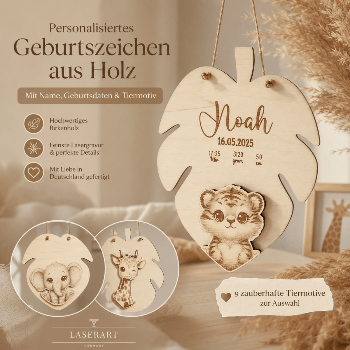 Geburtsschild 3D Tiermotiv aus Holz personalisiert – Hauptansicht