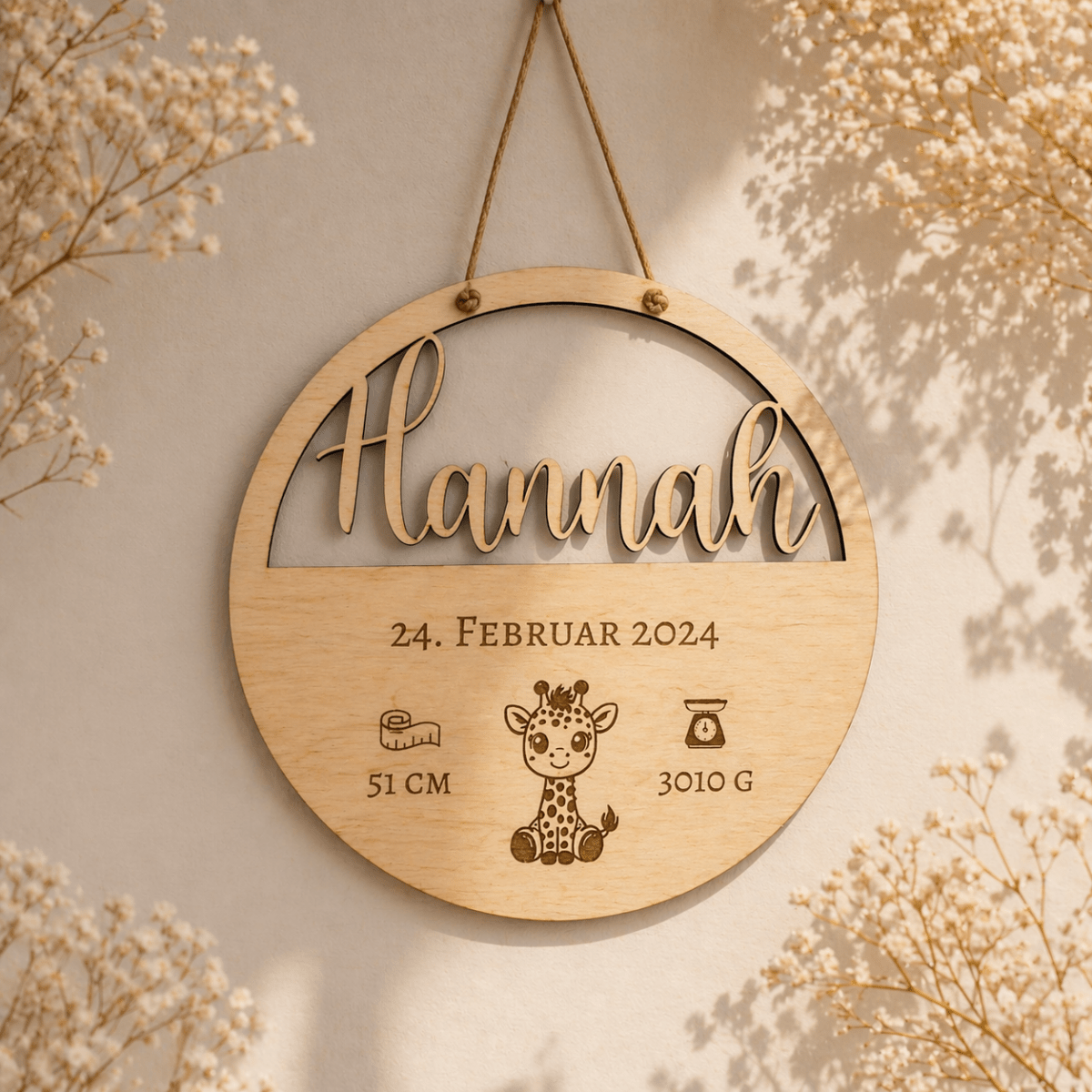 Geburtsschild aus Holz für Enkelkind personalisiert – Nahaufnahme der Motivgravur