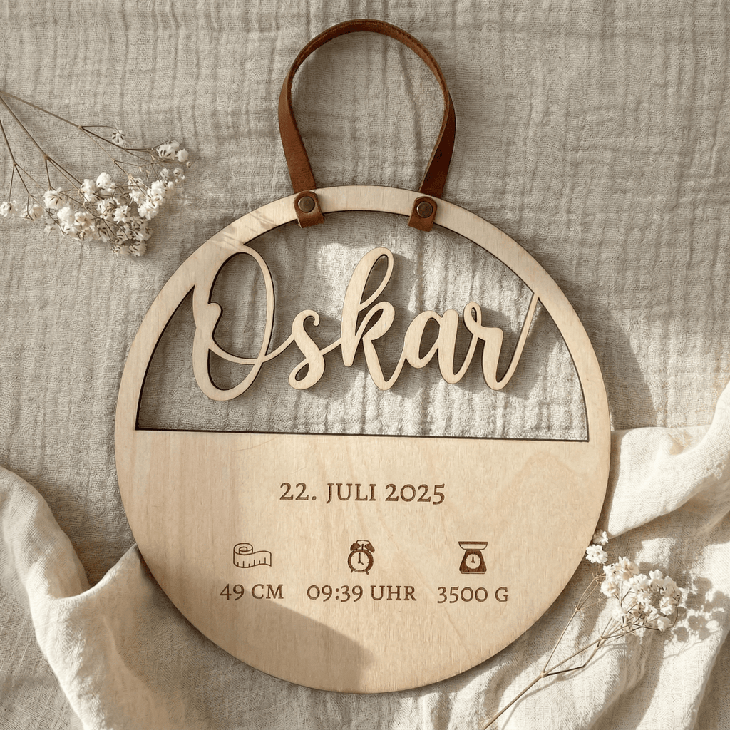 Geburtsschild aus Holz mit Name und Daten | Geburt - LaserArt Germany