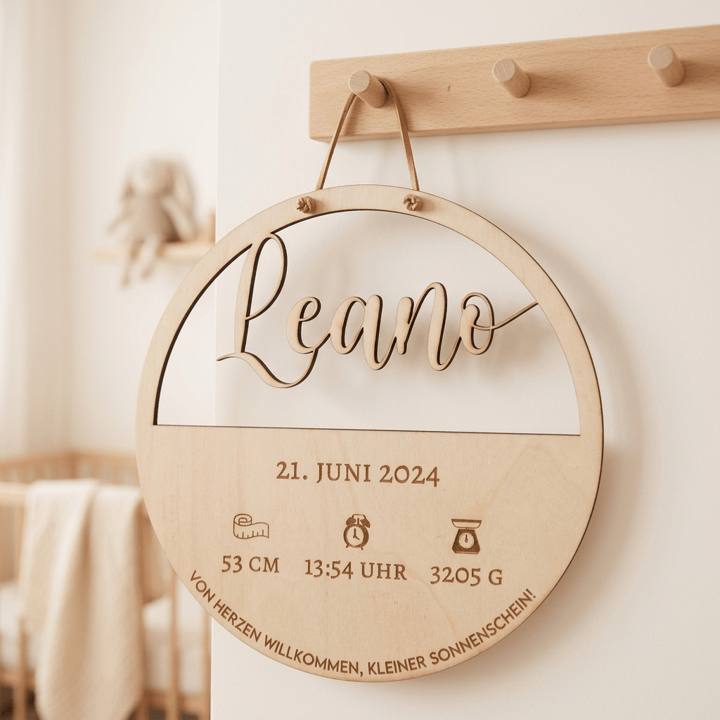Geburtsschild aus Holz mit Name und Daten | Geburt - LaserArt Germany