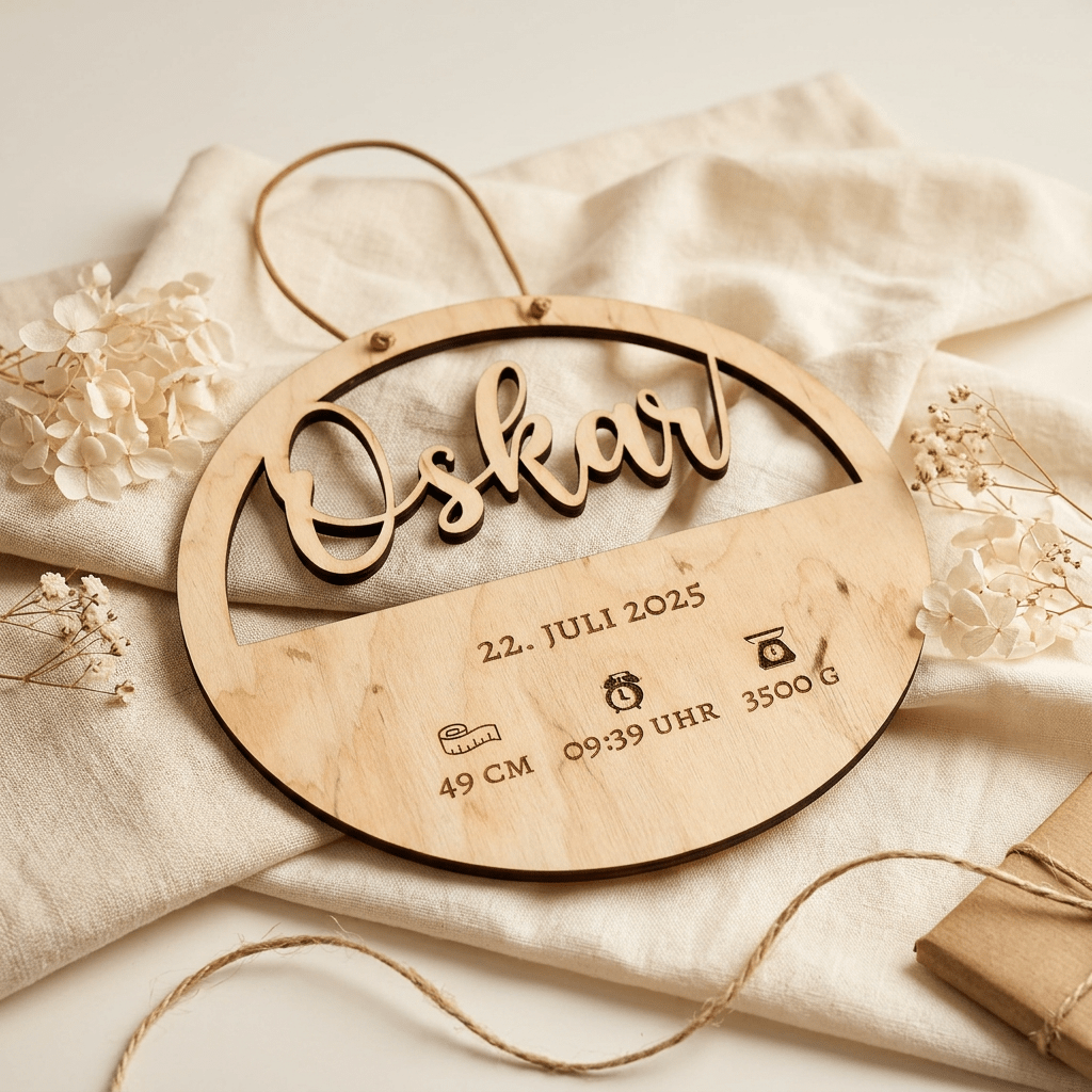 Geburtsschild aus Holz mit Name und Daten | Geburt - LaserArt Germany