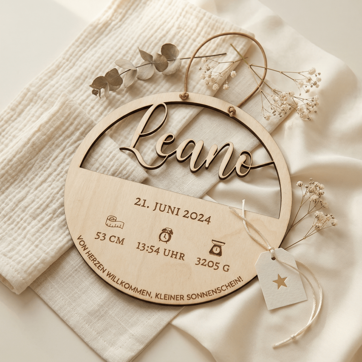 Geburtsschild aus Holz mit Name und Daten | Geburt - LaserArt Germany