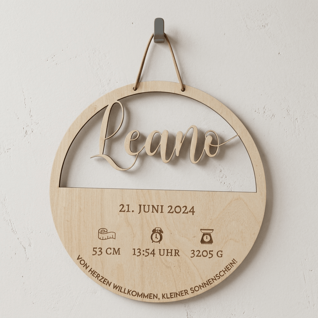 Geburtsschild aus Holz mit Name und Daten | Geburt - LaserArt Germany