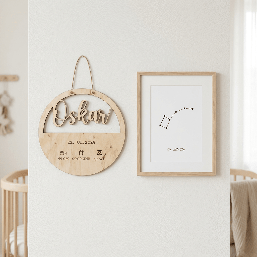 Geburtsschild aus Holz mit Name und Daten – Draufsicht auf das Schild