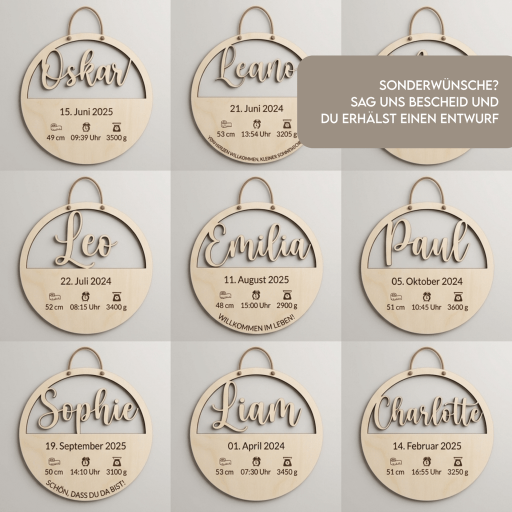 Geburtsschild aus Holz mit Name und Daten | Geburt - LaserArt Germany