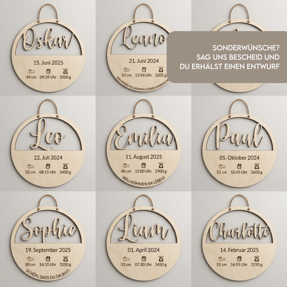 Geburtsschild aus Holz mit Name und Daten | Geburt - LaserArt Germany