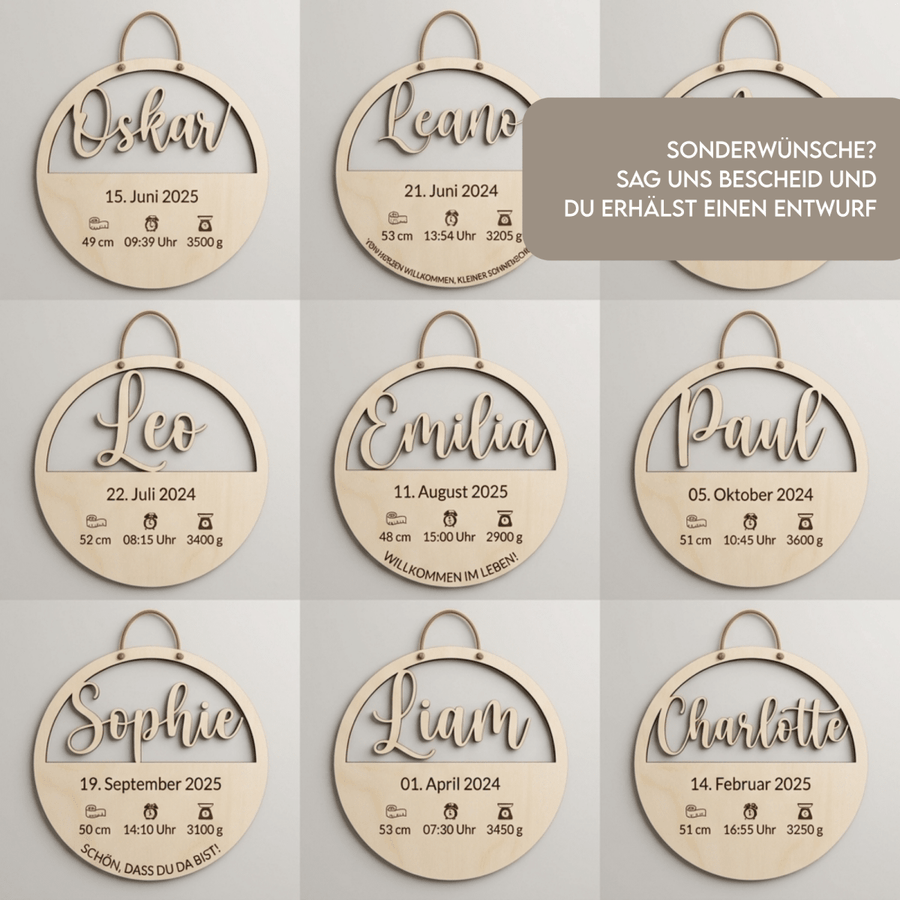 Geburtsschild aus Holz mit Name und Daten | Geburt - LaserArt Germany