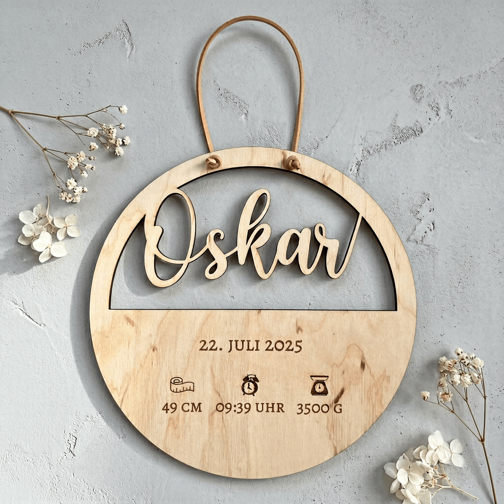Geburtsschild aus Holz mit Name und Daten | Geburt - LaserArt Germany