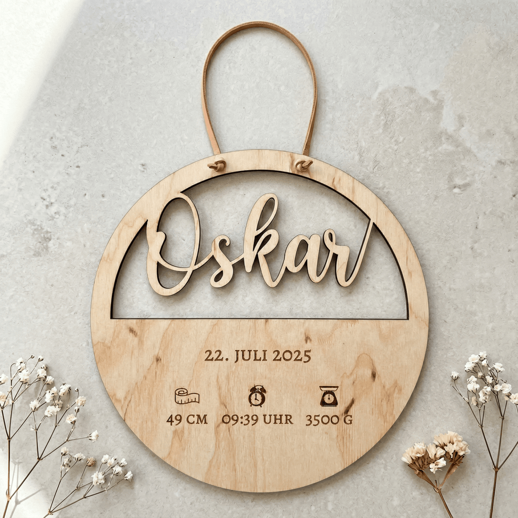 Geburtsschild aus Holz mit Name und Daten | Geburt - LaserArt Germany