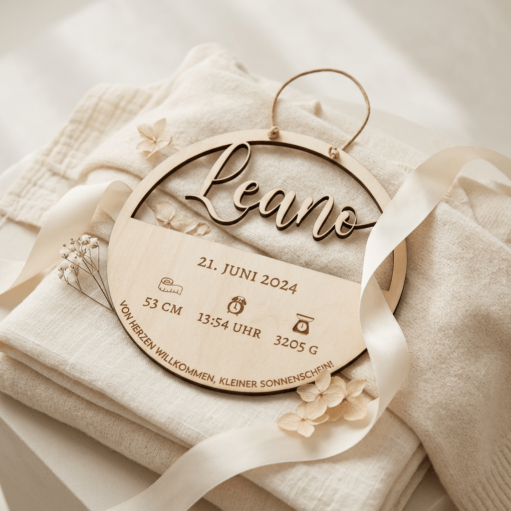 Geburtsschild aus Holz mit Name und Daten | Geburt - LaserArt Germany