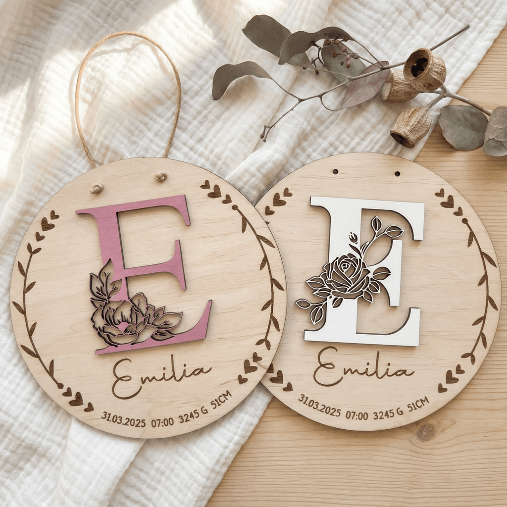 Geburtsschild aus Holz personalisiert | 3D - Monogramm mit Rose & Daten zur Geburt - LaserArt Germany