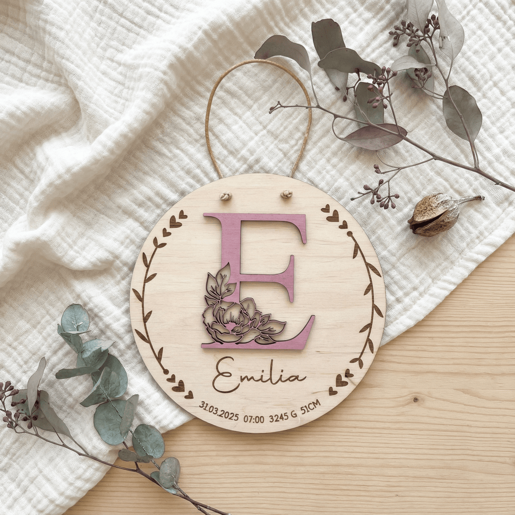 Geburtsschild aus Holz personalisiert | 3D - Monogramm mit Rose & Daten zur Geburt - LaserArt Germany