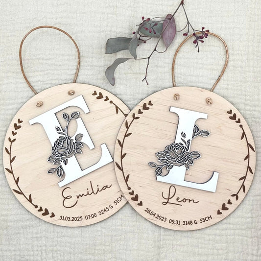 Geburtsschild aus Holz personalisiert | 3D - Monogramm mit Rose & Daten zur Geburt - LaserArt Germany