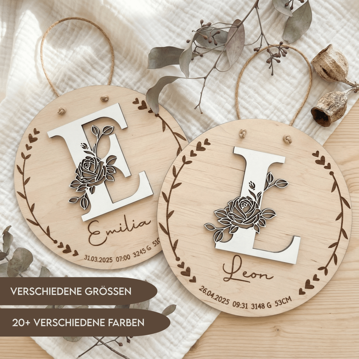 Geburtsschild aus Holz personalisiert | 3D - Monogramm mit Rose & Daten zur Geburt - LaserArt Germany