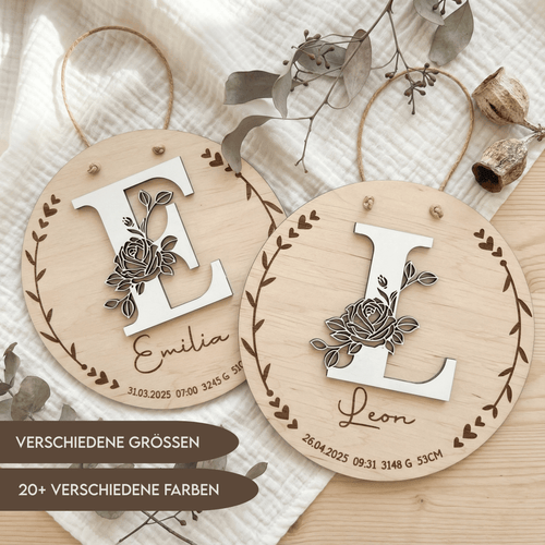 Geburtsschild aus Holz personalisiert | 3D - Monogramm mit Rose & Daten zur Geburt - LaserArt Germany