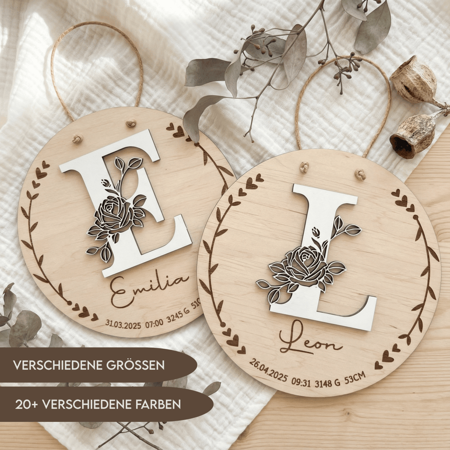Geburtsschild aus Holz personalisiert | 3D - Monogramm mit Rose & Daten zur Geburt - LaserArt Germany
