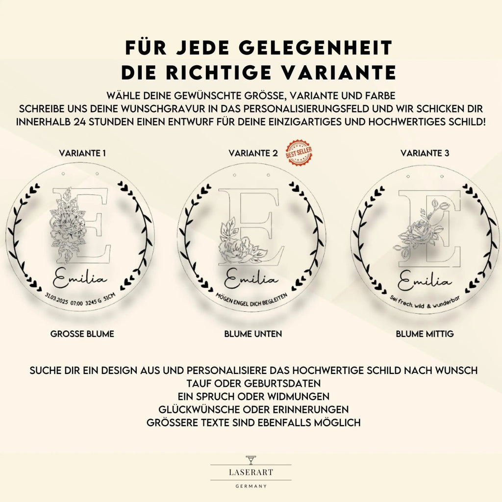 Geburtsschild aus Holz personalisiert | Geschenk zur Geburt mit 3D - Monogramm - LaserArt Germany