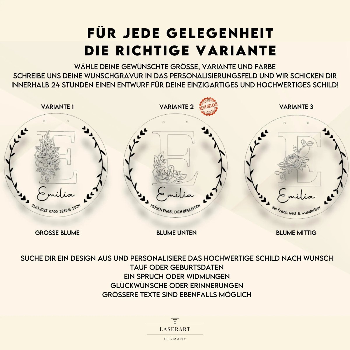 Geburtsschild aus Holz personalisiert | Geschenk zur Geburt mit 3D - Monogramm - LaserArt Germany