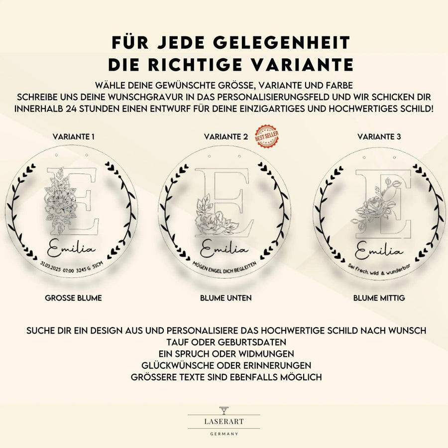 Geburtsschild aus Holz personalisiert | Geschenk zur Geburt mit 3D - Monogramm - LaserArt Germany